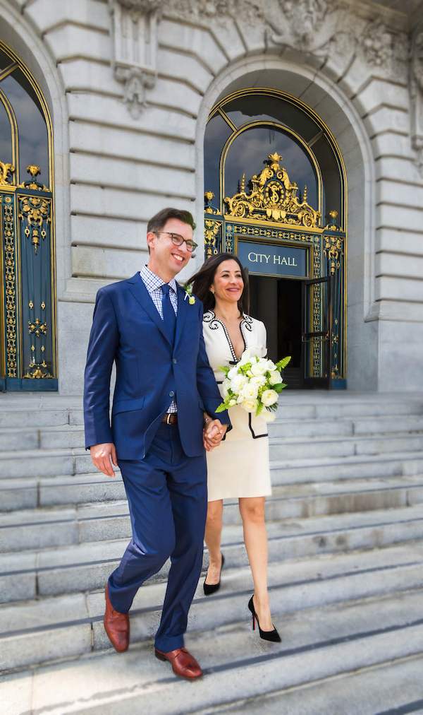 Bride, Groom, going down stairs, Exterior, City Hall, San Francisco
