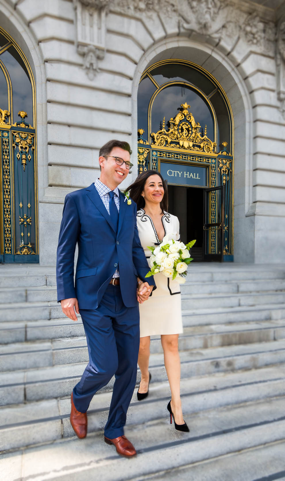 Bride, Groom, going down stairs, Exterior, City Hall, San Francisco